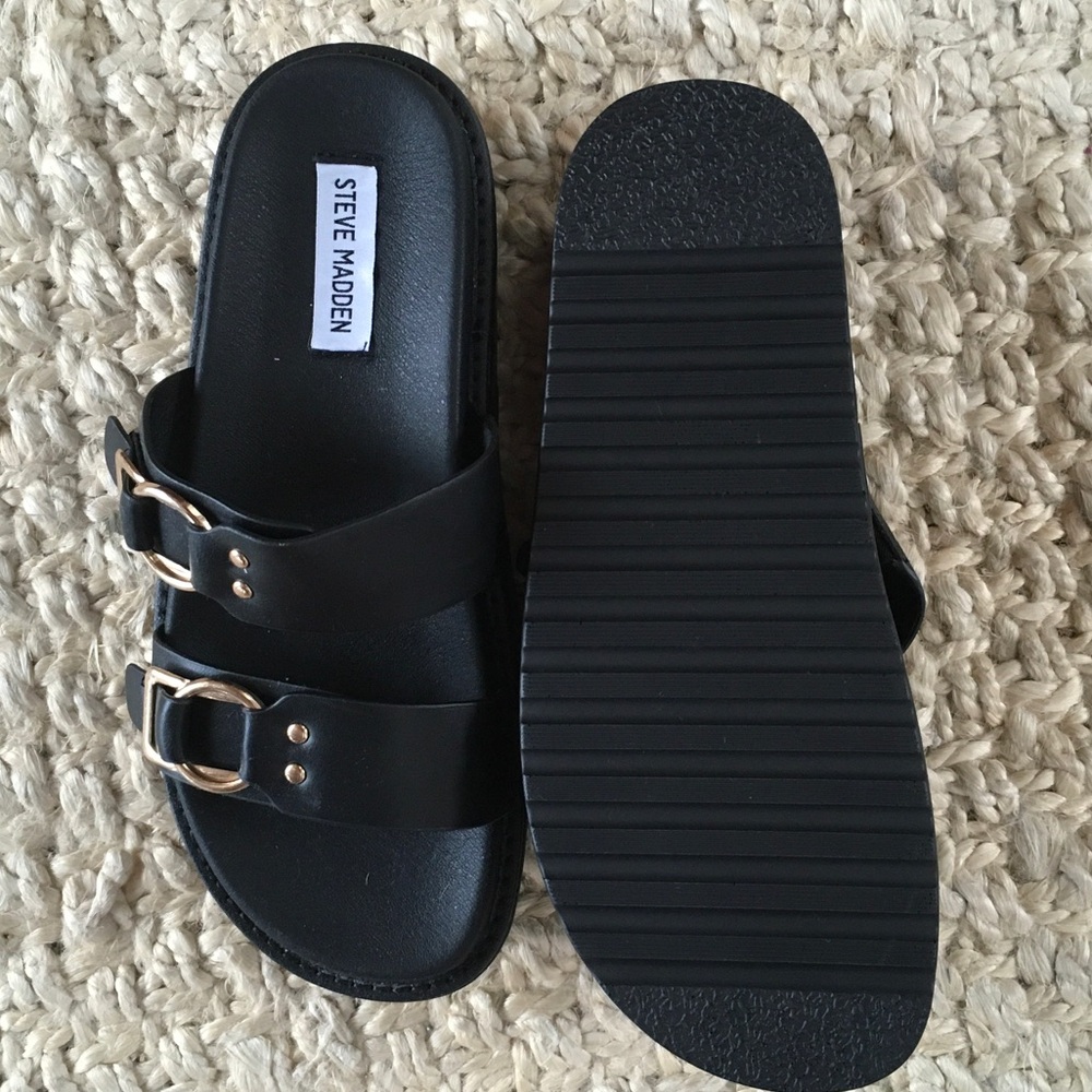 NWOT Steve Madden Black Slide Sandals with Gold Buckles - Picture 3 of 3